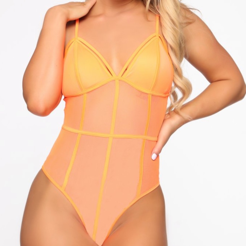 Neon orange mesh bodysuit